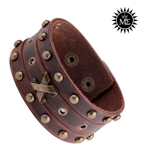 Pulseira Bracelete Couro Masculino Retrô Marrom Viking Rock