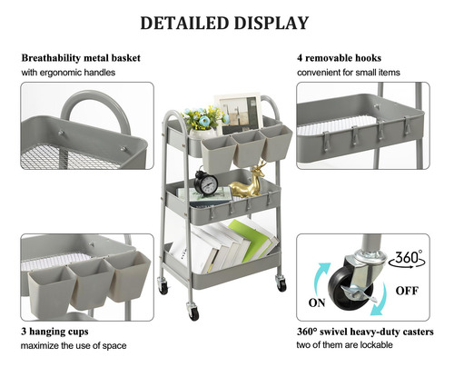 Carrito Rodante De 3 Niveles Con Ruedas Bloqueables Gris