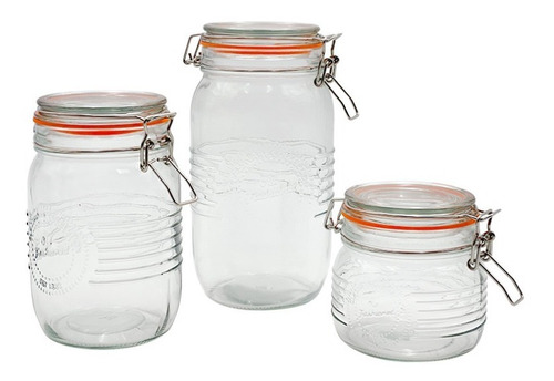 Set Frascos Vidrio 3 Pzas Clip Hermético Mason Jar Nv-1041 Color Blanco