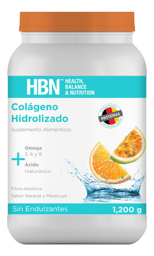 Colágeno Hidrolizado + Ácido Hialurónico + Omegas 1200g Sabor Naranja-maracuyá