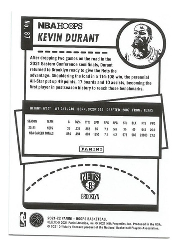 Kevin Durant 2021-22 Panini Nba Hoops #87 (Usado)