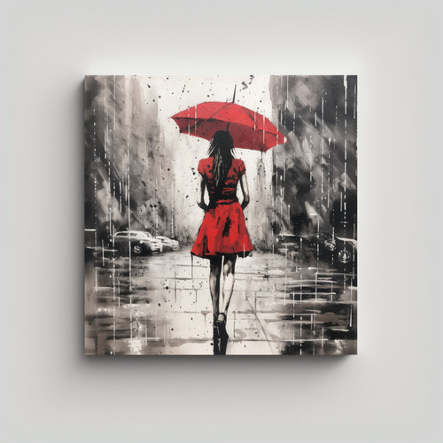 40x40cm Cuadro Mujer Vestida Rojo Caminando Bajo Lluvia