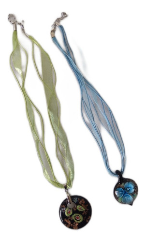 Collar Artesanal De Vidrio - Flores - Cuerda