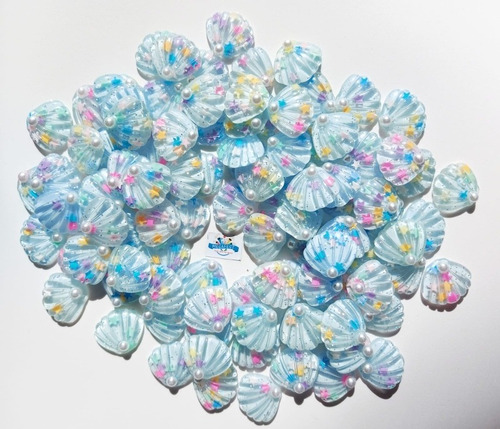 Imagen 1 de 3 de 12 Apliques De Resina Concha Azul Bebé Con Perla 3 Cm