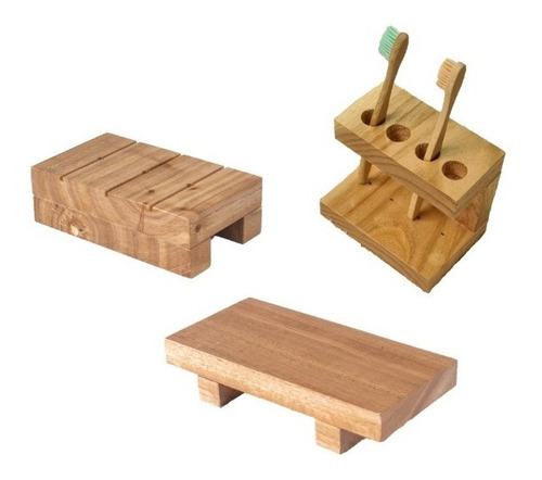 Set Kit Accesorios Baño Juego 3 Pzas Madera Deco Escandinavo