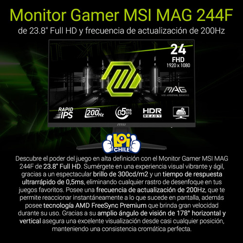 Monito Gamer Msi 24 Fast Ips 200hz 0,5ms Mag 244f Fhd Dp