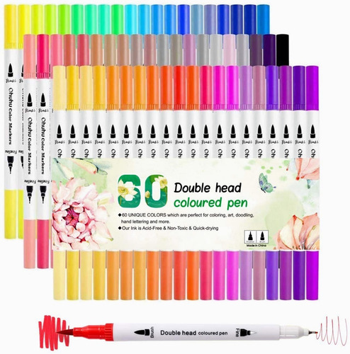 Imagen 1 de 7 de Marcadores Plumones Doble Punta Pincel Acuarela 60 Colores