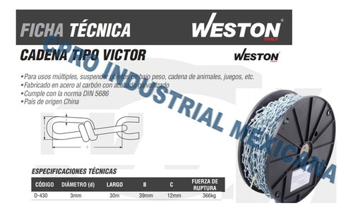 Cadena Tipo Victor 3.0 Mm Rollo 30 Metros Marca Weston P