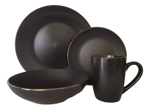 Juego De Vajilla 16 Pzs Negro Con Borde Brillante Goldsky