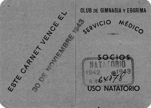 Carnet Club Gimnasia Y Esgrima   -  Servicio Médico  -  1943