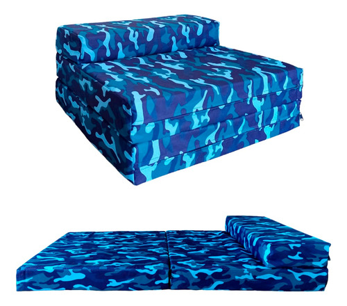 Sofá Cama Infantil Plegable, Colchoneta Con Soporte Firmé Color Azul Camuflaje