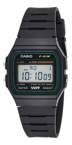 Imagen 1 de 8 de Reloj de pulsera Casio Collection F-91 de cuerpo color negro, digital, fondo gris, con correa de resina color negro, dial negro, minutero/segundero negro, bisel color verde y hebilla simple