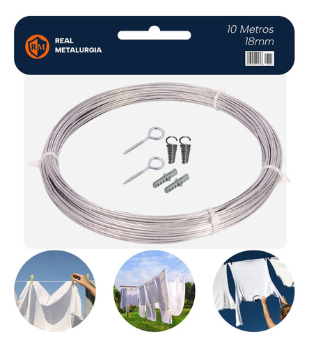 Varal De Arame Tradicional Para Muros E Paredes Resistente 10 Metros + Kit De Instalação Resistente A Sol E Chuva Não Enferruja