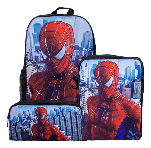 Set 3 Mochila Lunchera Lapicera Lona Escolar Spiderman Super