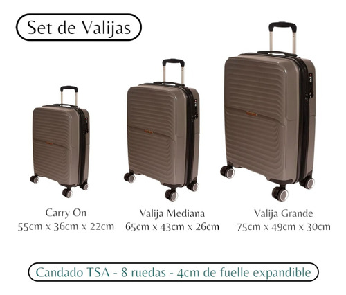 Set X3 De Valijas Rígidas Granada Polipropileno Candado Tsa Gris Granada