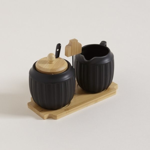 Set Azucarera Y Lechera De Porcelana Con Base De Bambú Color Negro