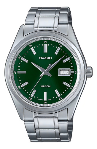 Reloj Hombre Casio Mtp-b180d-3avdf Vintage Correa Plateado Bisel Plateado Fondo Verde