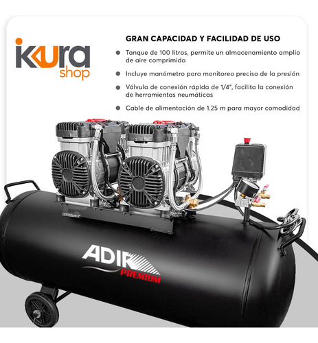 Compresor De Aire Libre De Aceite 4hp 3000w 100lt Adir 12616 Negro