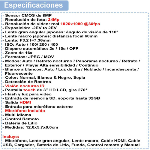 Videocamara Vak 809 Microfono Nocturna 24mp Touch Hdmi Sd