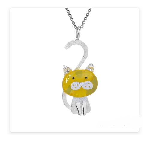 Cadena Y Colgante De Plata Y Ámbar Con Diseño De Gato,