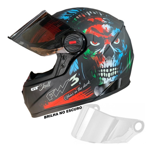 Capacete Gt Skull Caveira Fw3 Viseira Fumê E Cristal Nfe *