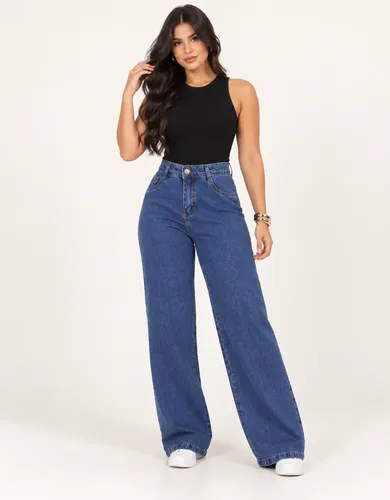 Calça Jeans Feminina Wide Leg Cintura Alta Pantalona Larga