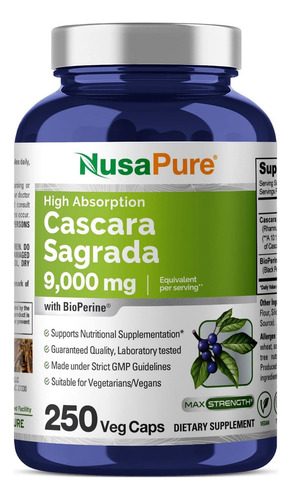 Nusapure Cascara Sagrada 9000 Mg + Bioperina Hecho En Usa Sabor Sin Sabor
