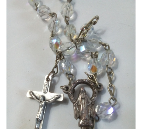 Rosario Antiguo Crucifijo Cristal Roca 49cm Italia Imperdble (Usado)