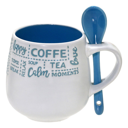 Caneca Com Colher 325ml Azul E Branco 12cm Espressione