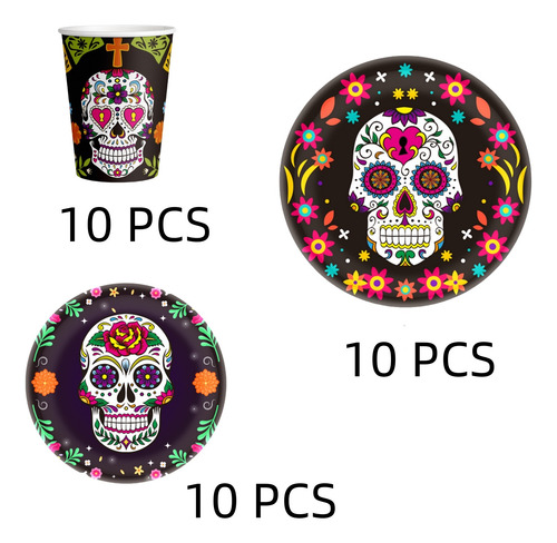 10 Pcs Muertos Halloween Vasos Platos Papel Esqueleto Fiesta