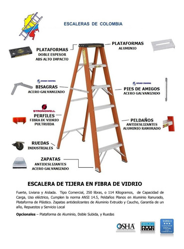 Escalera Tijera Fibra Vidrio 7 Pasos / 2.10 Metros 114 Kg
