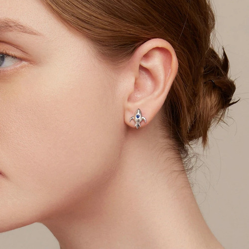 Aretes Asimétricos Astronauta Y Cohete Espacial Plata S925