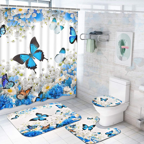 Set De Cortina De Ducha Impermeable De Mariposas Y Flores