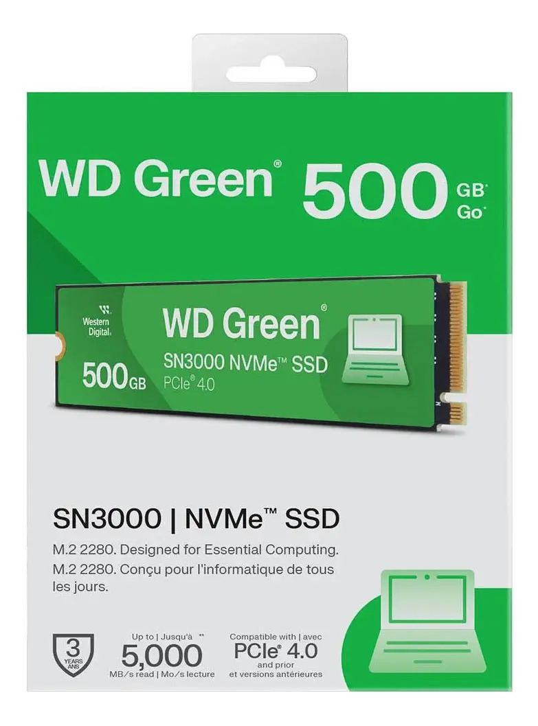 SSD WD Green SN3000, 500GB, M.2 2280, PCIe NVMe, Leitura 5000MB/s, Gravacao 4100MB/s, WDS500G4G0E