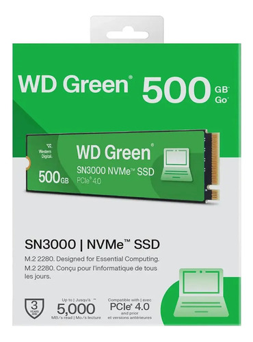 SSD WD Green SN3000, 500GB, M.2 2280, PCIe NVMe, Leitura 5000MB/s, Gravacao 4100MB/s, WDS500G4G0E