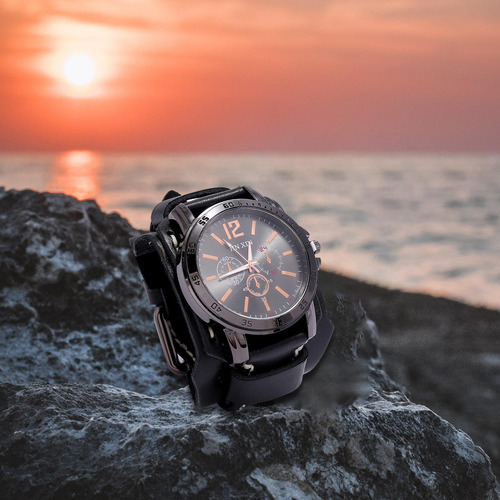 Reloj De Pulsera Para Hombre, Reloj De Cuero, Correa Ancha,