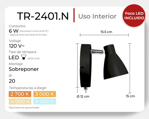 Lampara De Pared Para Recamara Minimalista 1 Foco 50w Gu10 Estructura Negro