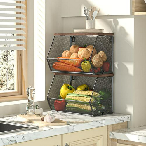 Cesta Colgante De Frutas Con Tapa De Madera, 2 Pack Organiza