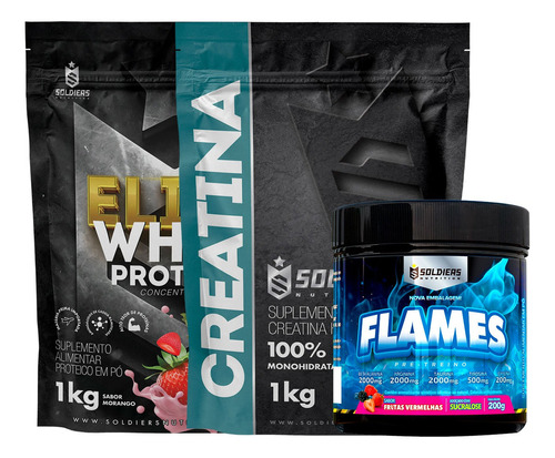 Kit: Elite Whey 80% 1kg+creatina 1kg+pré-preino Flames 200g Sabor Elite Morango - Flames Frutas Vermelhas