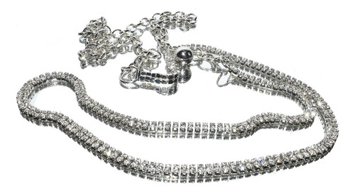 Cinto Cadena Tresher Metálico Fiesta Dos Líneas De Strass Plateado Liso Con Strass Único