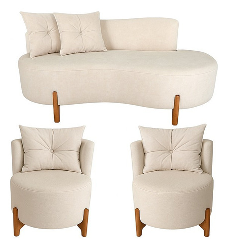 Kit Sofá Curvo 2 Lugares + 2 Poltrona Feijão Orgânica Bouclé