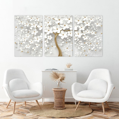 Imagem 3 de 8 de Quadro Decorativo Para Sala Quarto Flores Cerejeiras 3 Telas