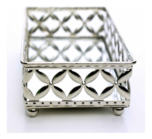 Bandeja Decorativa Retangular Metal Prata Com Espelho 5x18cm