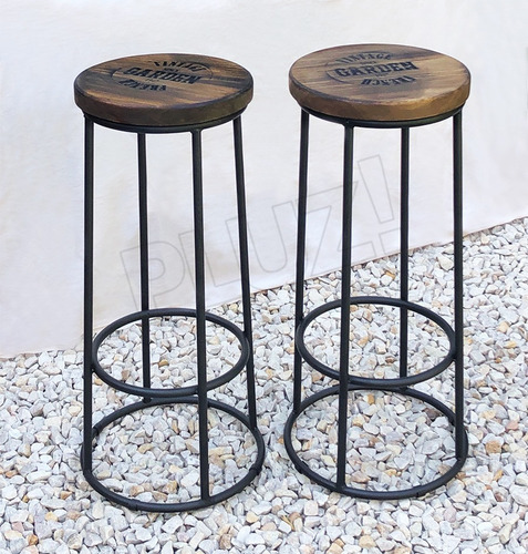 Banqueta Alta Barra - Hierro Madera Industrial Rústica Negra