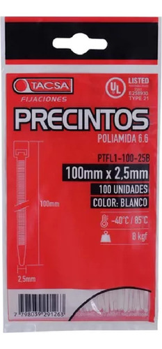 Precintos Prensacable Tacsa 100mm X 2.5mm Blanco X 100 Un