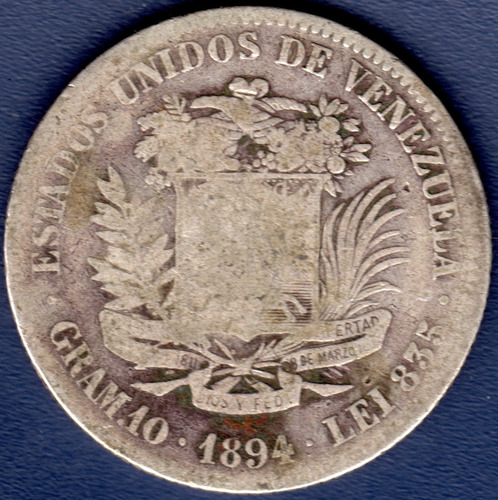 Moneda De Plata De 2 Bolívares De 1894