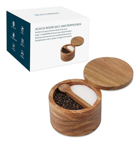 Caja Madera Acacia Para Sal Y Pimienta Cuchara Integrada Con