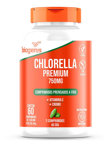 Chlorella Premium 750 mg con vitamina C y cromo, ultraconcentrada, 60 tabletas prensadas en frío, Biogens