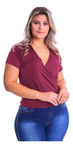 Blusa Transpassada Plus Size Decote V Malha Manga Curta