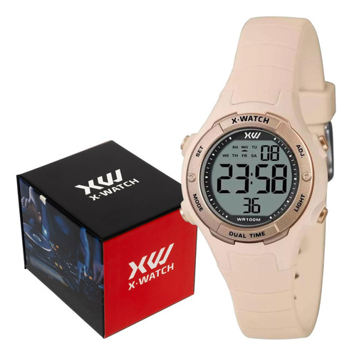 Relógio X-watch Feminino Digital Prova Da Água Correia Beje Bisel Beje Fundo Positivo